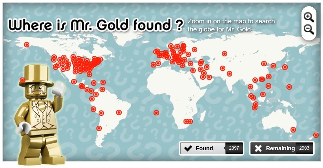 Mapa ze znalezionymi figurkami LEGO® Mr Gold