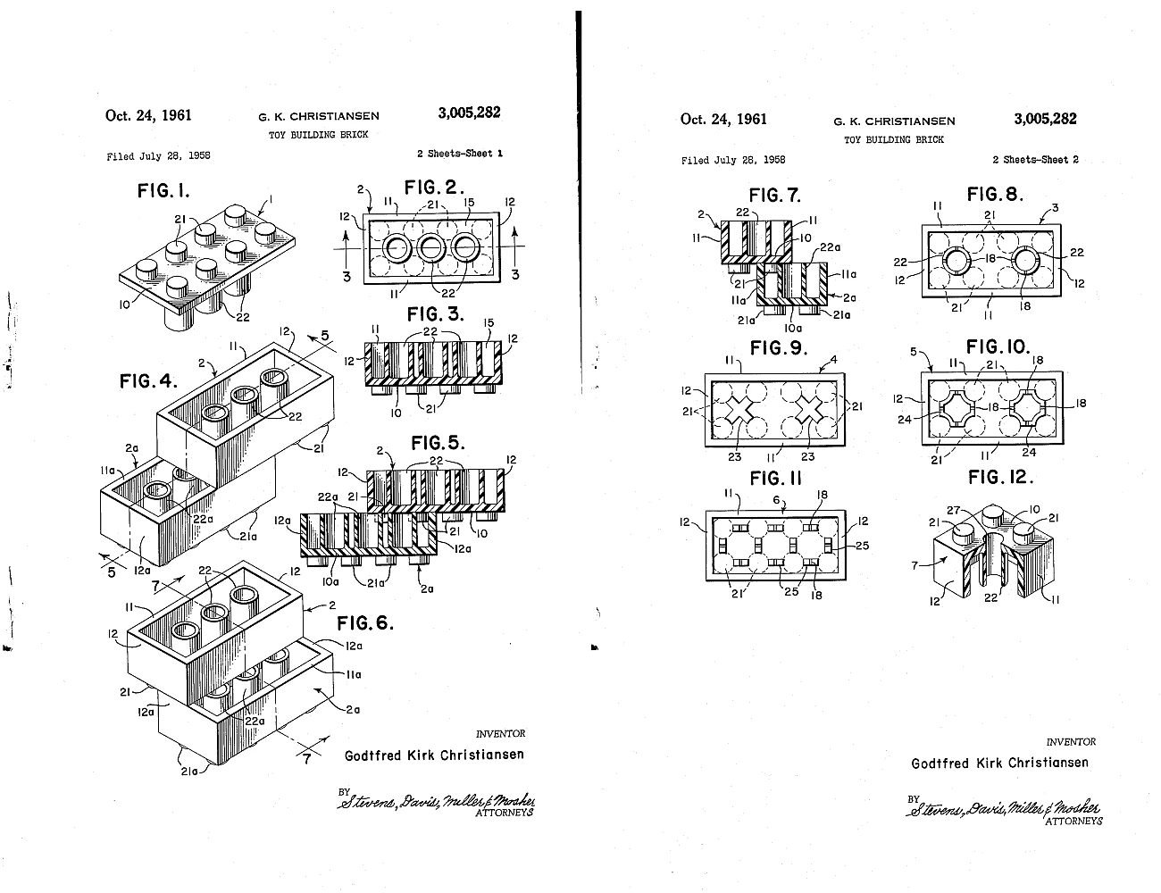 Patent na klocki LEGO® z 1958 roku nr US3005282A