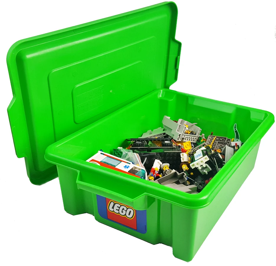 Zielone plastikowe pudło z klockami LEGO®