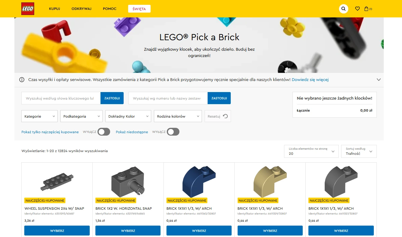 strona internetowa Grupy LEGO z klockami - pick a brick