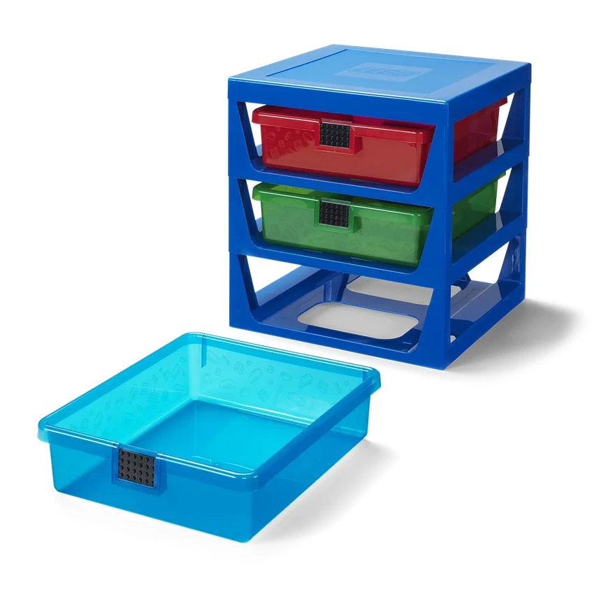 Niebieska półka z szufladami-pudełkami na klocki LEGO®