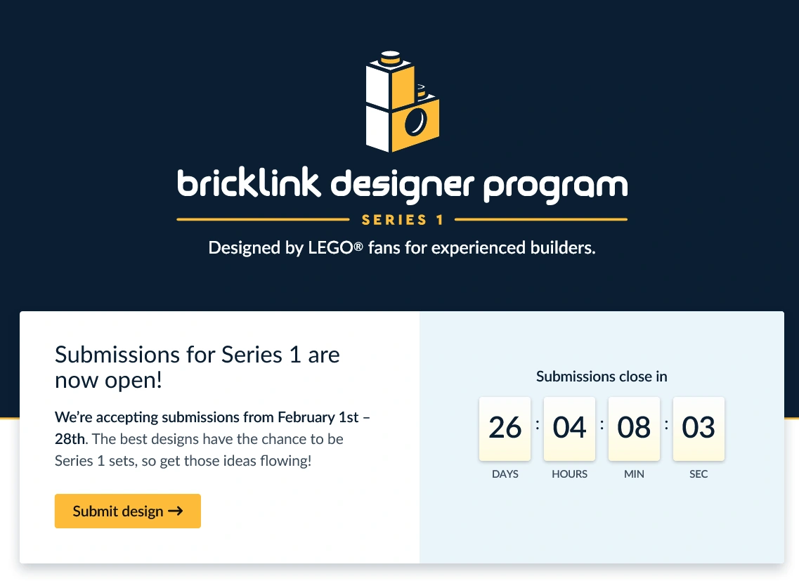 Strona internetowa Bricklink Designer Program z odliczającym czas licznikiem