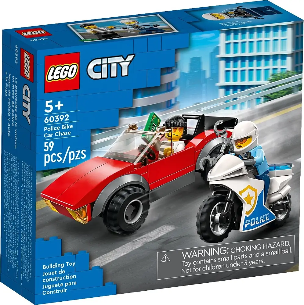 Pudełko zestawu 60392 z serii LEGO® City – Motocykl policyjny – pościg za samochodem