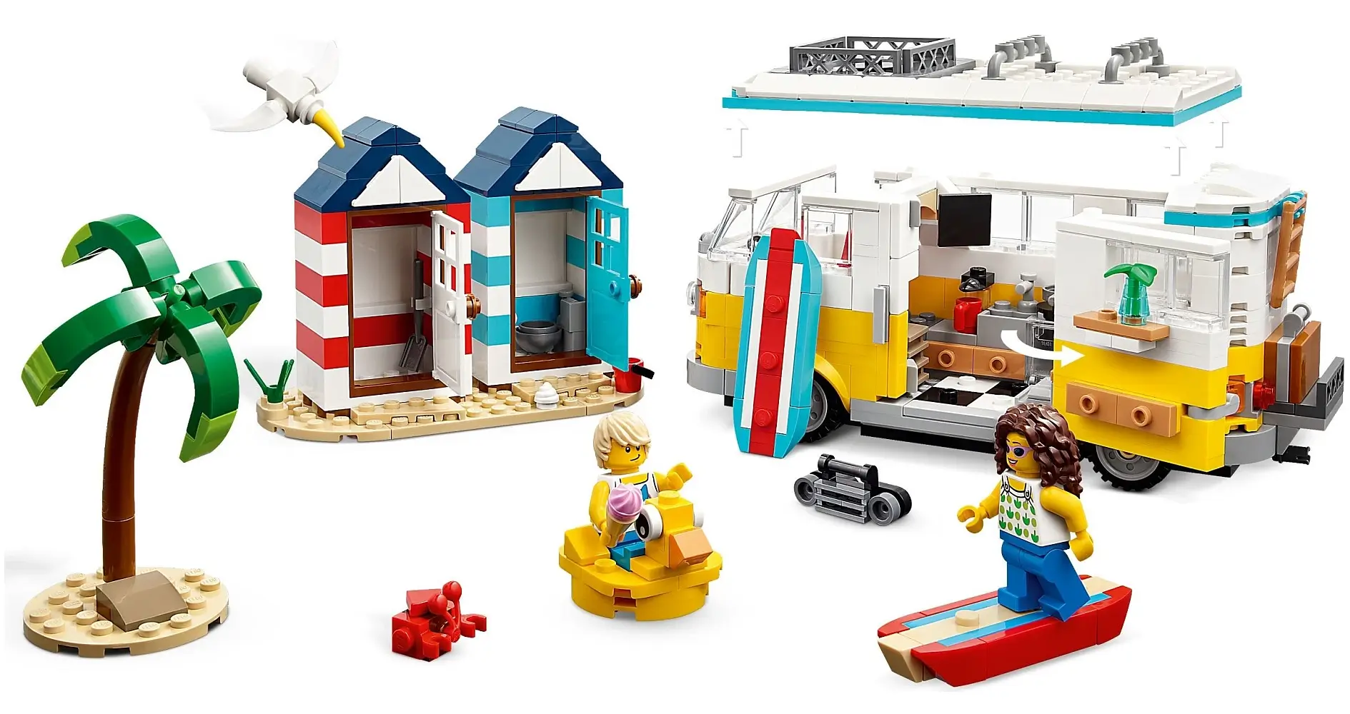 Żółto-biały kamper na plaży z klocków LEGO® – seria Creator™
