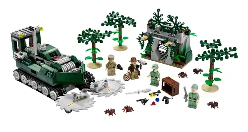 Mechaniczny rębacz LEGO® przecinający drzewa w dżungli