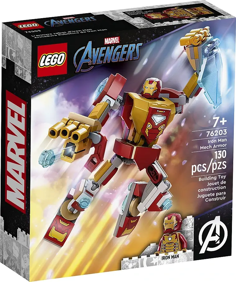 Pudełko zestawu 76203 z serii LEGO® Marvel™ –  Mechaniczna zbroja Iron Mana