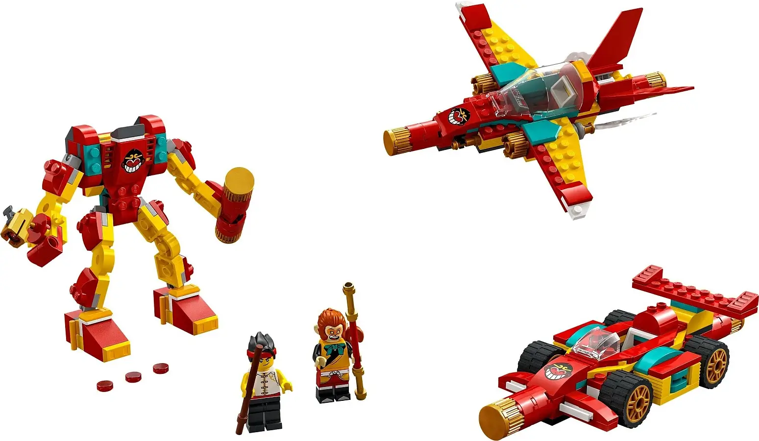 Modele samolotu, mecha i samochodu z serii LEGO® Monkie Kid™