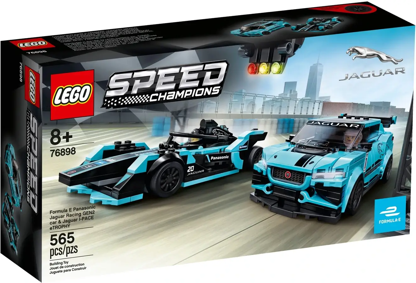Pudełko zestawu 76898 z serii LEGO® Speed Champions – Jaguary z formuły E i I-PACE