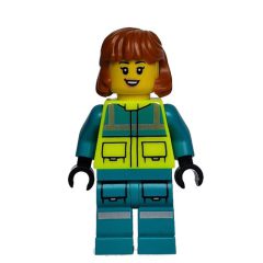 Minifigurka LEGO Paramedic, Vibrant Yellow Safety Vest, Dark Turquoise Legs, Dark Orange Hair
