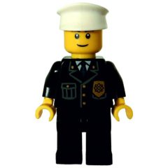 Minifigurka LEGO Policeman, Black Jacket with Pocket and Badge, White Hat, Smile, Brown Eyebrows