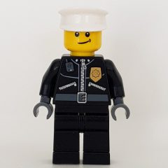 Minifigurka LEGO Policeman, Black Jacket with Zipper, Radio, Badge, and 'POLICE' on Back, White Hat