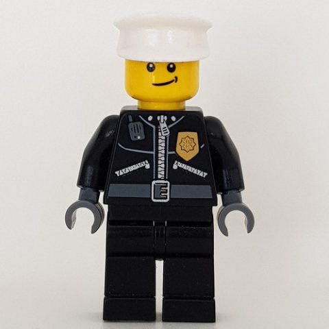 Minifigurka LEGO Policeman, Black Jacket with Zipper, Radio, Badge, and 'POLICE' on Back, White Hat