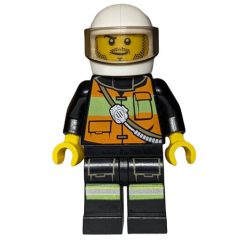 Minifigurka LEGO Fireman, Orange Safety Vest with Radio, White Helmet with Visor, Stubble