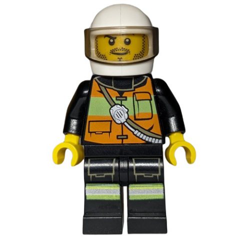 Minifigurka LEGO Fireman, Orange Safety Vest with Radio, White Helmet with Visor, Stubble
