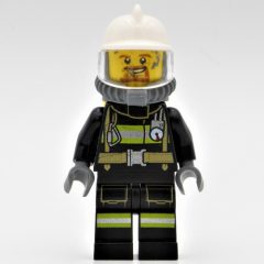 Minifigurka LEGO Ed, Black Fire Suit with Gauge and Straps, White Helmet, Breathing Apparatus, Airtanks, Goatee Beard