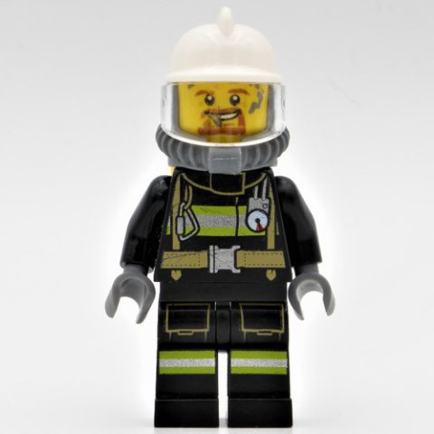 Minifigurka LEGO Ed, Black Fire Suit with Gauge and Straps, White Helmet, Breathing Apparatus, Airtanks, Goatee Beard