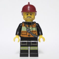 Minifigurka LEGO Fireman, Orange Safety Vest with Radio, Dark Red Helmet, Beard