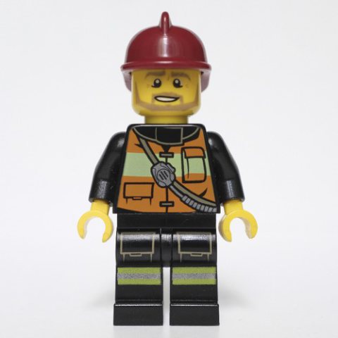 Minifigurka LEGO Fireman, Orange Safety Vest with Radio, Dark Red Helmet, Beard