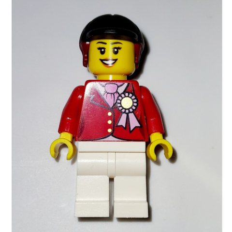 Minifigurka LEGO Red Riding Jacket with Award Ribbon, Black Riding Helmet, and White Legs