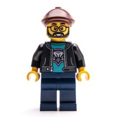 Minifigurka LEGO Man, Black Jacket, Dark Blue Legs, Reddish Brown Flat Cap