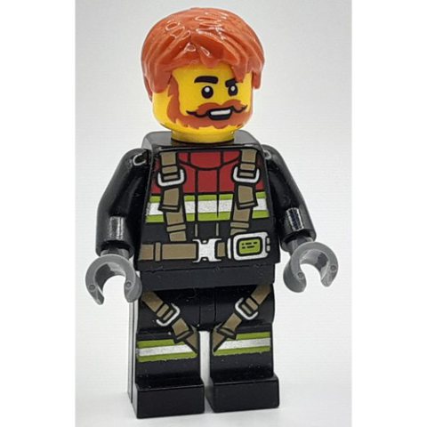 Minifigurka LEGO Firefighter, Black Fire Suit, Dark Orange Hair, Beard