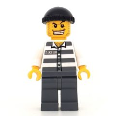 Minifigurka LEGO Criminal, Prison Shirt with #50380, Dark Bluish Gray Legs, Black Hat, Gold Tooth
