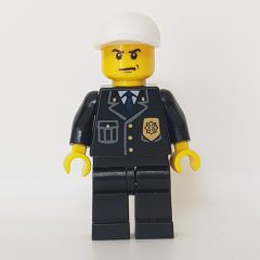 Minifigurka LEGO Policeman, Black Jacket with Pocket and Badge, White Cap