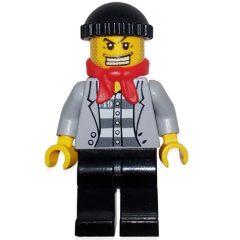 Minifigurka LEGO Criminal, Open Light Bluish Gray Jacket over Prison Shirt, Black Hat, Red Scarf, Gold Tooth
