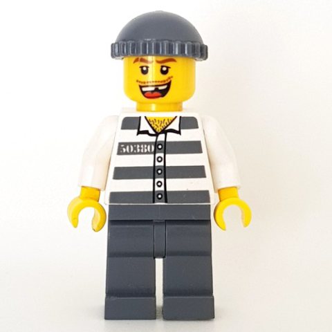 Minifigurka LEGO Criminal, Prison Shirt with #50380, Dark Bluish Gray Legs, Dark Bluish Gray Hat, Missing Tooth