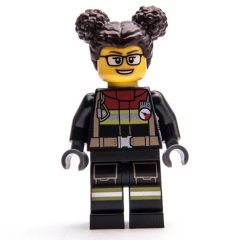 Minifigurka LEGO Firefighter, Black Fire Suit, Dark Brown Hair with Two Buns, Glasses