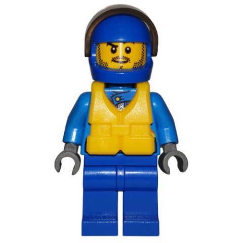 Minifigurka LEGO Racer, Dark Azure and Blue Jumpsuit, Blue Helmet with Visor, Yellow Life Vest