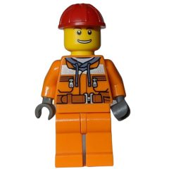 Minifigurka LEGO Construction Worker, Safety Jacket over Hoodie with Belt, Orange Legs, Red Hard Hat