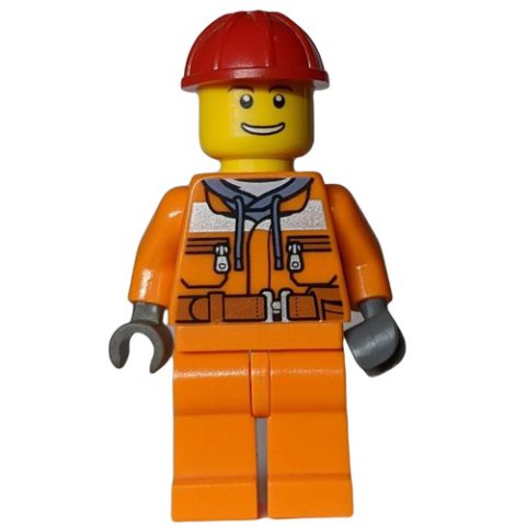 Minifigurka LEGO Construction Worker, Safety Jacket over Hoodie with Belt, Orange Legs, Red Hard Hat
