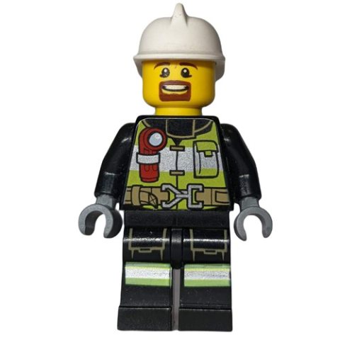 Minifigurka LEGO Fireman, Safety Vest with Flashlight, Pocket, and Belt, White Helmet, Goatee Beard