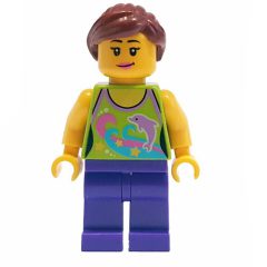 Minifigurka LEGO Woman, Lime Halter Top with Dolphins, Dark Purple Legs, Dark Brown Ponytail