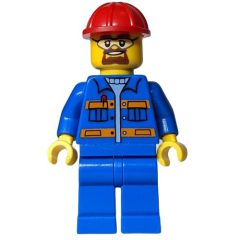 Minifigurka LEGO Worker, Blue Jacket with Orange Stripes, Blue Legs, Red Hard Hat, Goatee Beard and Safety Glasses