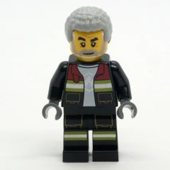Minifigurka LEGO Firefighter, Black Fire Suit with Open Jacket, Light Bluish Gray Hair, Beard