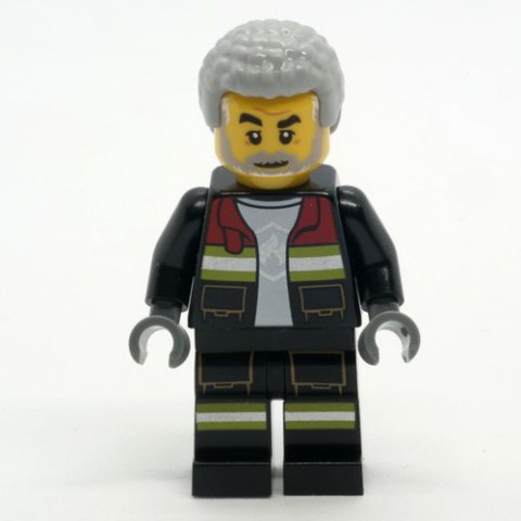 Minifigurka LEGO Firefighter, Black Fire Suit with Open Jacket, Light Bluish Gray Hair, Beard