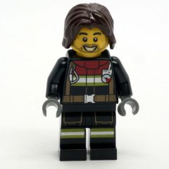 Minifigurka LEGO Firefighter, Black Fire Suit, Dark Brown Hair, Stubble Beard