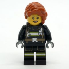 Minifigurka LEGO Firefighter, Black Fire Suit, Dark Orange Long Hair, Hearing Aid