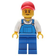 Minifigurka LEGO Man, Blue Overalls over White V-Neck Shirt, Red Cap