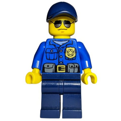 Minifigurka LEGO Policeman, Blue Shirt with Badge and Pouches, Dark Blue Legs, Dark Blue Cap, Sunglasses