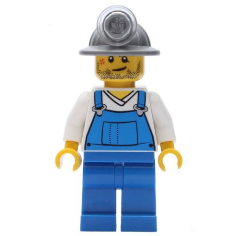 Minifigurka LEGO Miner, Blue Overalls over White V-Necked Shirt, Mining Hat