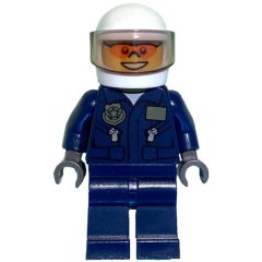 Minifigurka LEGO Policeman, Dark Blue Jacket with Pockets and Badge, Plain Dark Blue Legs, White Helmet with Visor, Orange Sunglasses