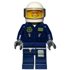 Minifigurka LEGO Policeman, Dark Blue Jacket with Pockets and Badge, White Helmet with Visor, Orange Sunglasses