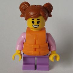 Minifigurka LEGO Girl, Pink Hoodie, Short Medium Lavender Legs, Orange Life Jacket, Dark Orange Hair