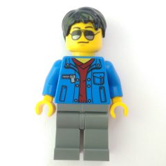 Minifigurka LEGO Man, Open Blue Jacket over Dark Red Shirt, Light Bluish Gray Legs, Black Hair, Sunglasses
