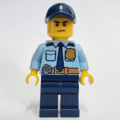 Minifigurka LEGO Policeman, Bright Light Blue Shirt with Dark Blue Tie, Badge, and Radio on Belt, Dark Blue Cap