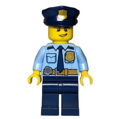 Minifigurka LEGO Policeman, Bright Light Blue Shirt with Dark Blue Tie, Badge, and Radio on Belt, Dark Blue Hat with Badge