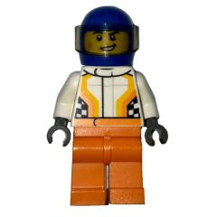 Minifigurka LEGO Racer, White and Orange Jumpsuit, Blue Helmet with Visor